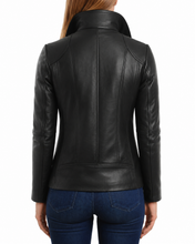 Charger l'image dans la galerie, REED Women's black genuine lambskin leather jacket with stand up collar
