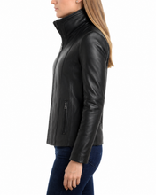 Charger l'image dans la galerie, REED Women's black genuine lambskin leather jacket with stand up collar
