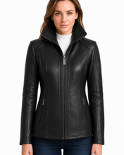Charger l'image dans la galerie, REED Women's black genuine lambskin leather jacket with stand up collar, sleek design, high-quality finish, and front zip-up closure.
