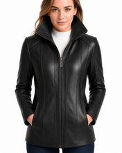 Charger l'image dans la galerie, REED Women's black genuine lambskin leather jacket with stand up collar, sleek design, high-quality finish, and front zip-up closure.
