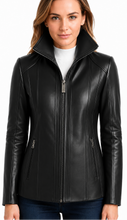 Charger l'image dans la galerie, REED Women's black genuine lambskin leather jacket with stand up collar, sleek design, high-quality finish, and front zip-up closure.
