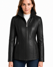 Charger l'image dans la galerie, REED Women's black genuine lambskin leather jacket with stand up collar, sleek design, high-quality finish, and front zip-up closure.

