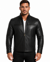Cargar imagen en el visor de la galería, REED men's lambskin leather jacket with stand-up collar, front zip closure, black

