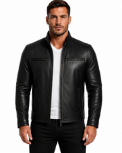 Cargar imagen en el visor de la galería, REED men's lambskin leather jacket with stand-up collar, front zip closure, black, perfect for winter, stylish
