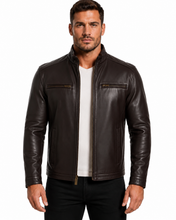 Cargar imagen en el visor de la galería, REED men's lambskin leather jacket with stand-up collar, front zip closure, brown, perfect for winter, stylish
