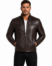 Cargar imagen en el visor de la galería, REED men's lambskin leather jacket with stand-up collar, front zip closure, brown, perfect for winter, stylish
