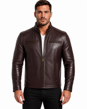 Cargar imagen en el visor de la galería, REED men's lambskin leather jacket with stand-up collar, front zip closure, brown, perfect for winter, stylish
