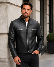 Charger l'image dans la galerie, REED men's naked cow leather motorcycle jacket, stylish black design, perfect for comfort and protection, made in USA.
