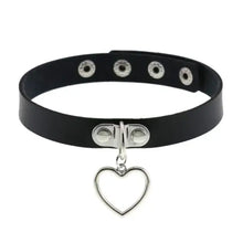Load image into Gallery viewer, Black leather choker necklace with heart pendant, modern and elegant design, adjustable fit.
