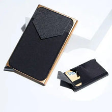Load image into Gallery viewer, RFID black trifold leather slim mini wallet with card compartment, vegan leather, imported design. Stylish and secure.
