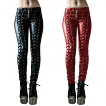 Charger l&#39;image dans la galerie, Steampunk vegan leather skinny pants in black and red, featuring edgy lace-up design, perfect for bold and unique fashion styles.
