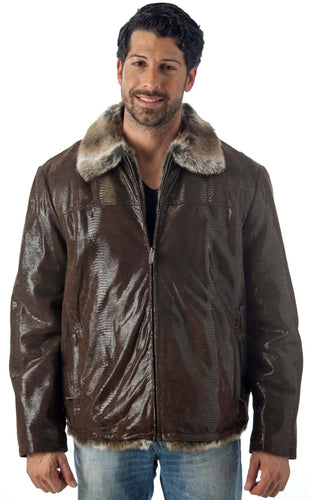 Man wearing a brown leather jacket with fur collar on a white background