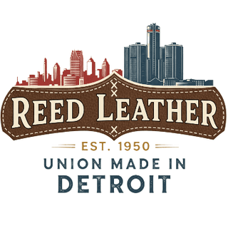 Reed Leather logo showcasing the skyline of Detroit, established in 1950, highlighting union-made craftsmanship.