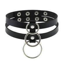 Load image into Gallery viewer, Black leather choker with silver round pendant, featuring modern double strap design and elegant metal accents.
