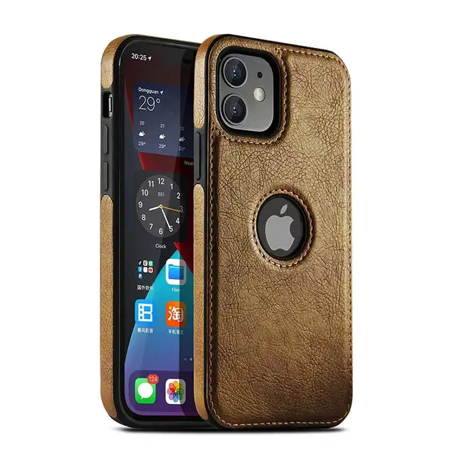 Luxury brown leather phone case showcasing snug fit and precise cutouts for easy access to buttons, enhancing device protection.
