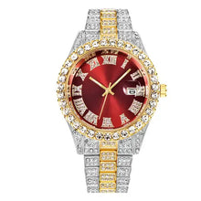 Cargar imagen en el visor de la galería, Luxury Diamond Roman Wrist Watch with gold stainless steel and diamond bezel, featuring a red dial for a sophisticated look.
