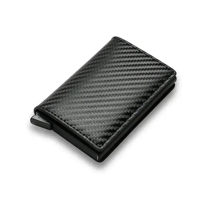 RFID Black Magic Trifold Leather Slim Mini Wallet, vegan leather design, showcasing sleek and compact style for secure carrying.