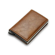 Load image into Gallery viewer, RFID trifold leather slim mini wallet in brown vegan leather, compact and stylish for organizing essentials, with secure RFID protection.
