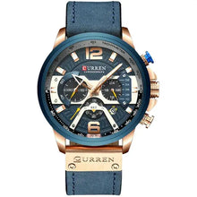 Load image into Gallery viewer, Alt Tag: Curren Chono Edition 2022 leather watch, military-inspired design with gold accents, blue strap, and water-resistant features.
