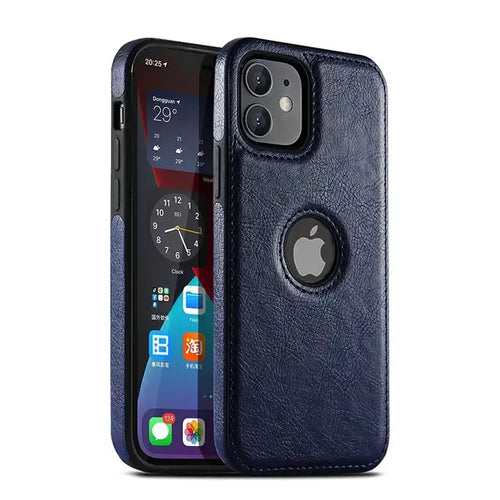 High-quality leather phone case in navy blue, offering stylish protection with precise cutouts for all ports and buttons, shown on phone.