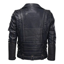 Load image into Gallery viewer, Men&#39;s vegan leather jacket, back view featuring detailed stitching, sleek design, and a fitted cut. Imported luxury and style.
