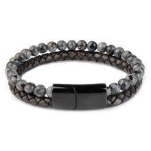 Load image into Gallery viewer, Braided genuine leather bracelet with natural stone beads and black magnetic clasp, stylish and sophisticated accessory.
