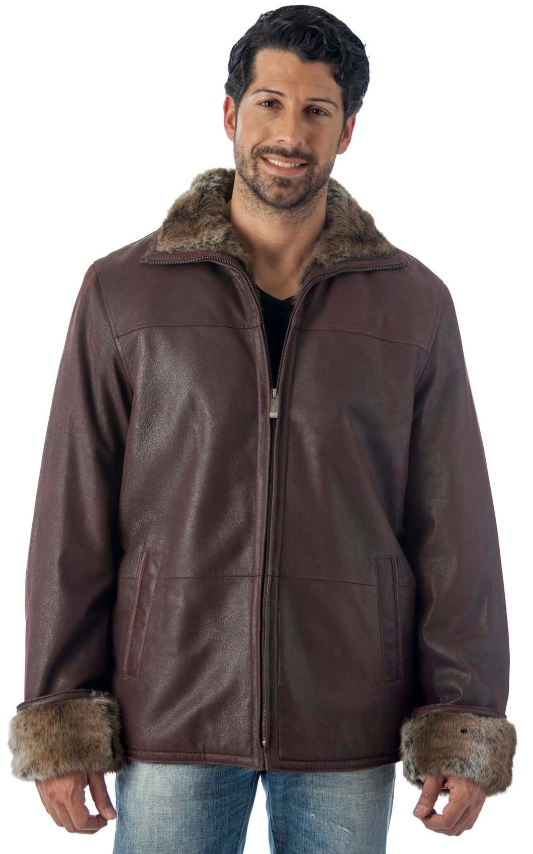 Man wearing a brown leather jacket with fur trim on a white background