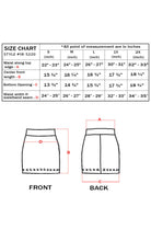 Load image into Gallery viewer, Size chart for metallic party pencil skirt, available in sizes S to 2X, showing waist, length, and bottom opening dimensions.

