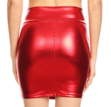 Load image into Gallery viewer, Red metallic shiny short pencil skirt, stretchy fit, made in USA, ideal for parties and events. Back view.
