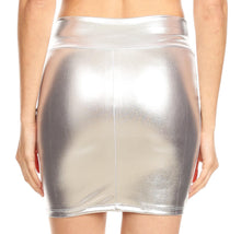 Load image into Gallery viewer, Back view of a metallic shiny stretch pencil skirt, showcasing high waist and short length, ideal for party wear.
