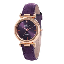 Load image into Gallery viewer, Women&#39;s vegan leather casual watch with purple strap and gold accents, featuring sleek quartz movement for precise timekeeping.
