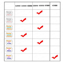 Load image into Gallery viewer, Compatibility chart for Apple Watch bands showing series 1-8 and Ultra sizes from 38mm to 49mm with check marks for applicable sizes.
