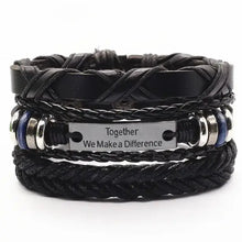 Load image into Gallery viewer, Men&#39;s leather bracelets with engraved bangle &#39;Together We Make a Difference,&#39; showcasing rugged sophistication and unique design.
