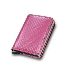 Load image into Gallery viewer, Pink RFID leather slim wallet with trifold design, compact and secure for organizing essentials on the go.
