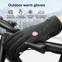Load image into Gallery viewer, Thermal waterproof glove on bicycle handlebar, ideal for outdoor cycling, hiking, camping. Features anti-slip design and touch screen compatibility.
