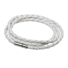 Load image into Gallery viewer, White braided PU leather bracelet with metal clasp, vegan-friendly, stylish and durable accessory for fashion-conscious individuals.
