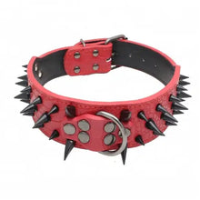 Load image into Gallery viewer, Red spiked studded leather collar with black spikes and metal buckle for stylish pet fashion.
