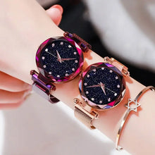 Load image into Gallery viewer, Stylish women&#39;s luxury diamond watch with purple and gold accents displayed on wrist, featuring sparkling dial and elegant bracelet.
