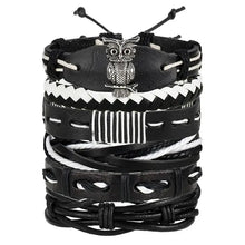 Load image into Gallery viewer, Multilayer leather bracelet with owl design, showcasing black and white braided and stitched elements, perfect for stylish accessorizing.
