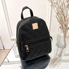 Load image into Gallery viewer, Black quilted mini backpack for women, PU vegan leather, multifunction crossbody bag. Stylish and versatile accessory.
