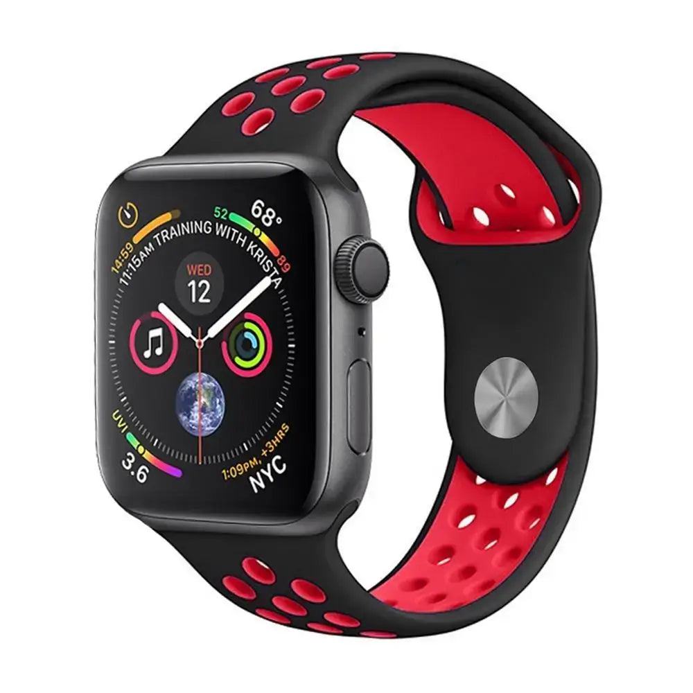 Black and red sport Apple Watch band designed for style and durability, ideal for workouts and everyday activities.