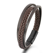 Load image into Gallery viewer, Brown cattle leather bracelet with braided design and black clasp, offering rugged charm and sophistication for any outfit.
