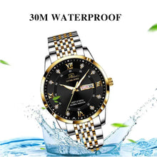 Load image into Gallery viewer, Men&#39;s stainless steel watch with black dial, gold accents, and 30M waterproof feature, exemplifying sleek design and elegance.
