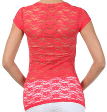 Load image into Gallery viewer, Red stretch floral lace cap sleeve tunic tee with sheer back, showcasing intricate lace design and slim fit, ideal for layering.
