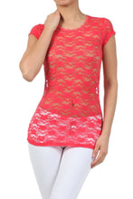 Load image into Gallery viewer, Woman wearing coral stretch floral lace cap sleeve tunic tee, scoop neck, US-made, perfect for layering over cami or mini dress.
