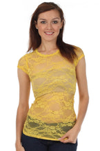 Load image into Gallery viewer, Woman wearing yellow stretch floral lace cap sleeve tunic length tee, showcasing slim fit and scoop neckline, perfect for layering.

