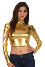 Charger l&#39;image dans la galerie, Metallic liquid gold mock neck turtleneck crop top, long sleeve style, made in USA, shown on model.
