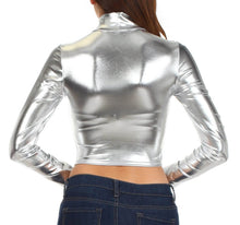Charger l&#39;image dans la galerie, Back view of a metallic liquid mock neck turtleneck long sleeve crop top made in the USA, showcasing reflective silver finish.
