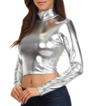 Charger l&#39;image dans la galerie, Metallic liquid mock neck turtleneck long sleeve crop top in silver, shown worn by a model, highlighting the shiny fabric made in USA.
