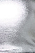 Charger l&#39;image dans la galerie, Close-up of metallic fabric texture on a liquid mock neck turtleneck crop top, highlighting its shiny and smooth appearance.
